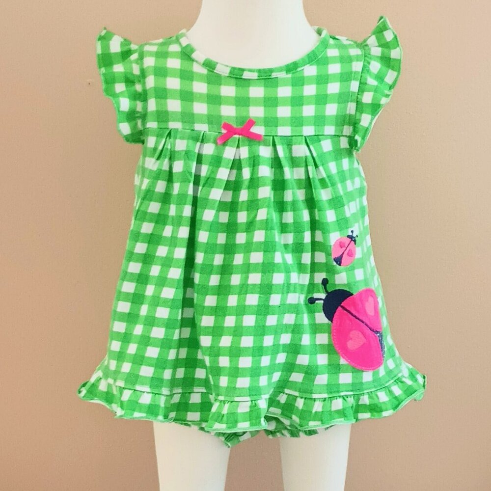 Green Plaid Ladybug Romper 6-9M Flutter Sleeves Ruffle Hem Child of Mine Carters